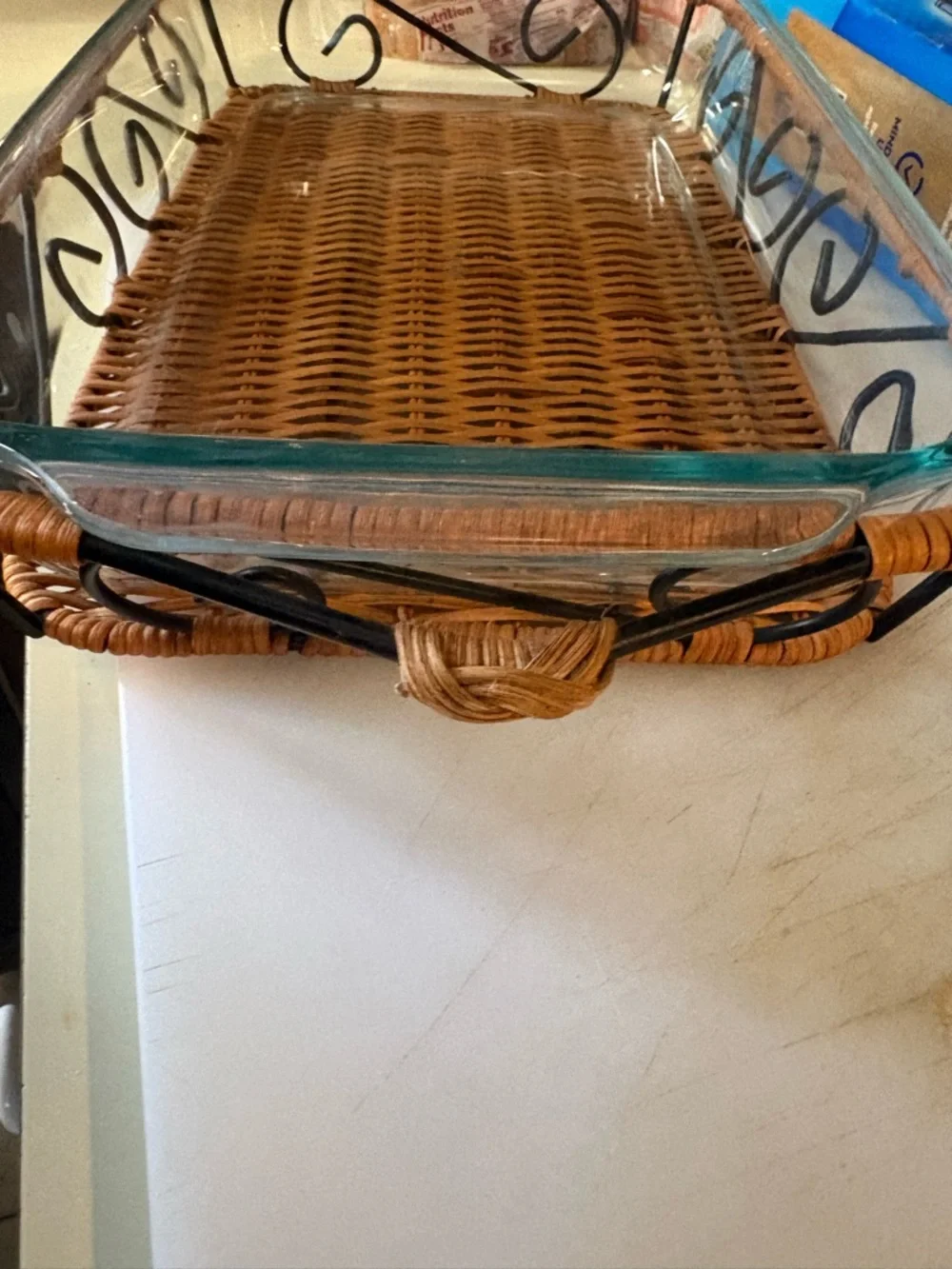 Woven Rattan and Glass Serving Dish - Brown